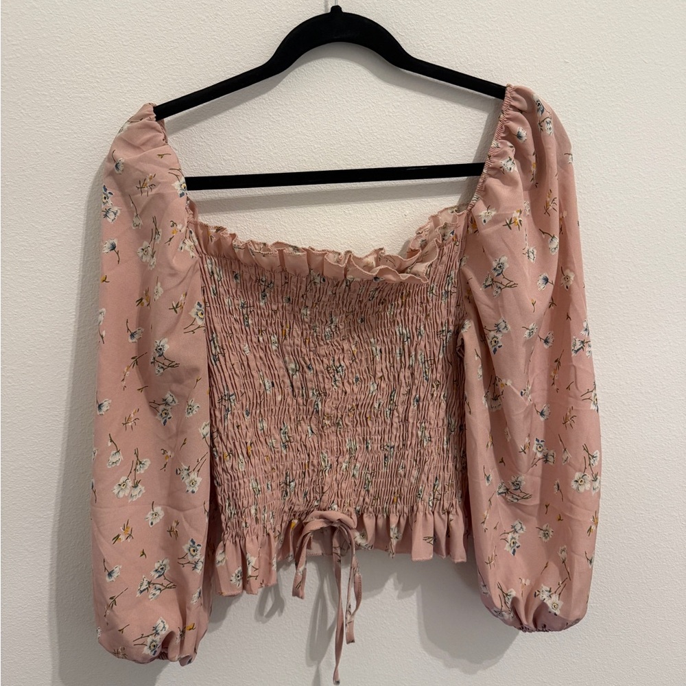 Floral Drawstring Ruched Puff Long Sleeve Ruffle Smocked Crop Top - Picture 2 of 4